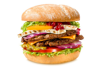 Smash Burger z grillowanym serem Brie, czerwoną cebulą, serem, pomidorami, ogórkiem konserwowym, sałatą i sosem żurawinowym.