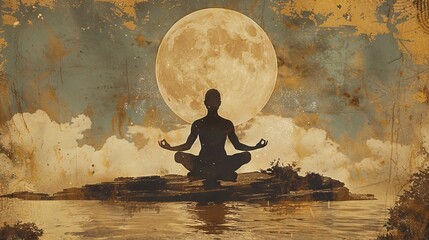 Meditative Pose Under Moonlit Sky on Waterfront