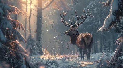 Fotobehang A majestic stag stands in the winter forest at dusk © DESIRED_PIC