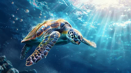 Fotobehang A beautiful sea turtle swimming in the blue underwater © DESIRED_PIC