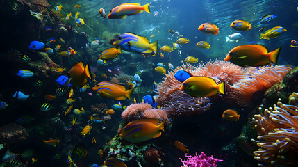 A vibrant school of fish swimming in a colorful reef