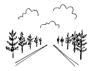 Simple black outline vector drawing. Road into the distance, trees on the roadside, clouds in the sky. Country trip. Alley in the park. Sketch in ink.