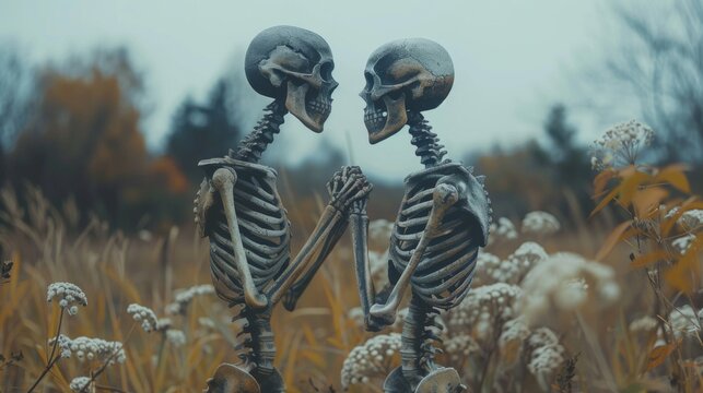 A touching depiction of love beyond life, with two skeletons holding hands in a romantic gesture