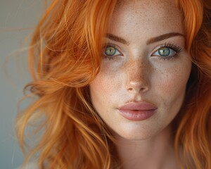 Naklejka premium Close-up Portrait of a redhead woman with red hair looking at the camera, freckles and green eyes, professional shooting, studio lighting, 