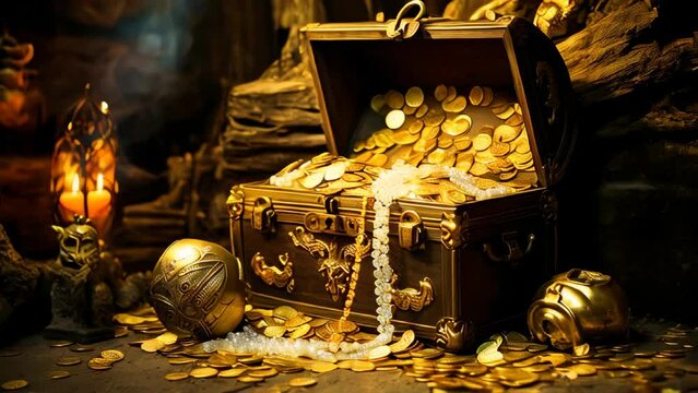 Old wooden treasure chest with gold coins and gems in a hidden cave
