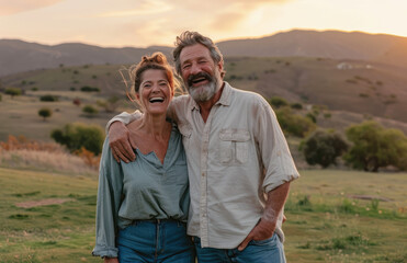 happy senior couple hugging each other in a green field at sunset