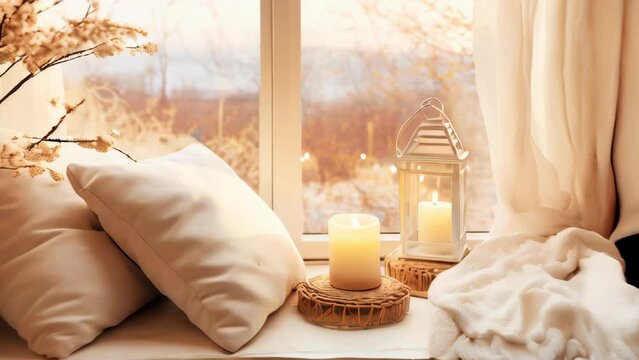 Cozy boho beige interior, with pillows, candles and a window overlooking an autumn landscape