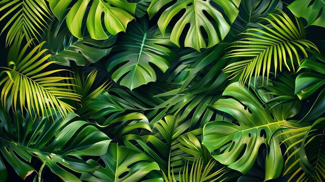 Tropical abstract design background with painted palm leaves, jungle foliage, and monstera leaves. Suitable for wallpapers and patterns in botanical, exotic, or tropical styles.