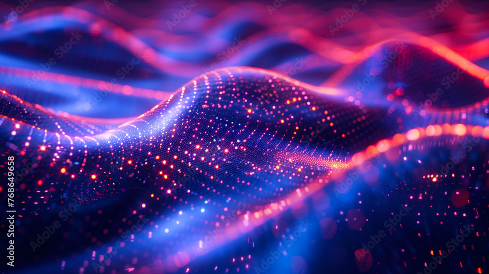 Aufkleber illuminated neon waves on digital grid representing advanced technology and cyber connectivity backg