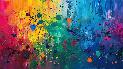 Vibrant paint splattered across the canvas, creating an abstract artwork.