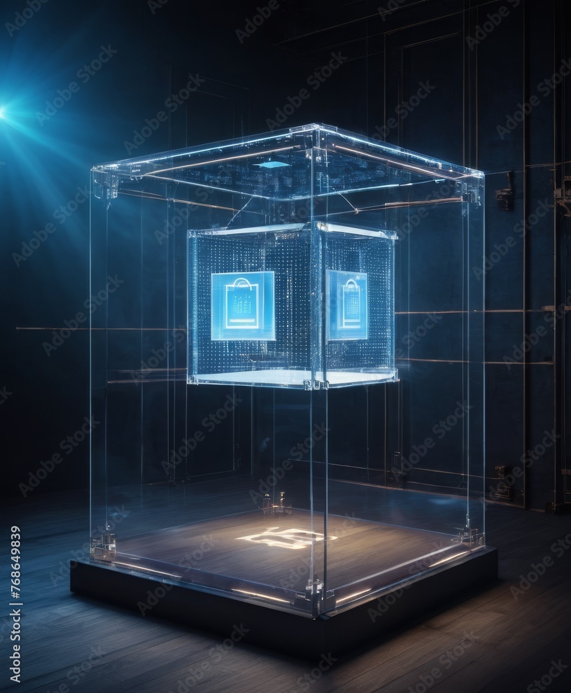 Poster an intricate network pattern within a transparent, illuminated cube represents secure data exchange 