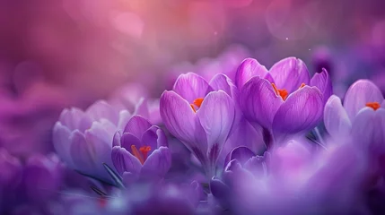 Schilderijen op glas Vivid purple crocus flowers bloom in the springtime, captured in a stunning high-quality photograph. © Suleyman