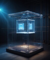 An intricate network pattern within a transparent, illuminated cube represents secure data exchange and protection. Its glow stands out in a shadowy environment, suggesting high-level cybersecurity - obrazy, fototapety, plakaty