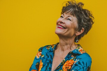 Portrait of a happy senior woman smiling against a yellow background.