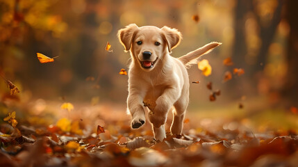 Cute puppy running outdoors, playing in the autumn forest