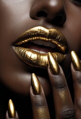 Gleaming golden lips and nails are the focus in this sumptuous beauty shot. The rich tones highlight an edgy and modern fashion aesthetic. AI generation