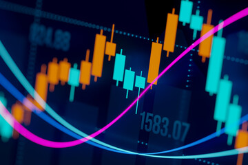 Stock market chart, lines and data. Cloes-up orange and blue candle stick chart, lines and moving averages in defocus. Business, trading, investment, growth. - obrazy, fototapety, plakaty