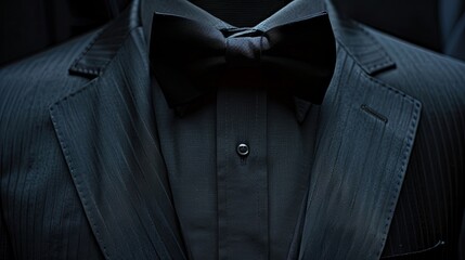 A dark elegant suit with a crisp black bow tie
