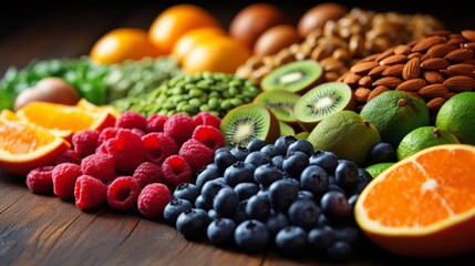 Fresh berries, fruits, and nuts background - vibrant and healthy snack and ingredients - obrazy, fototapety, plakaty