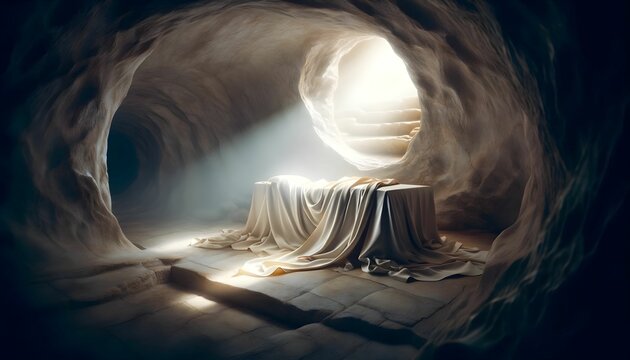 Tomb with light gushing in and a white cloth 