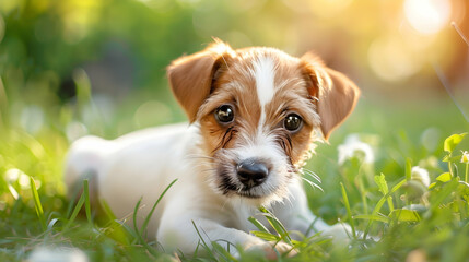 Cute terrier puppy playing in the grass, enjoying the outdoors