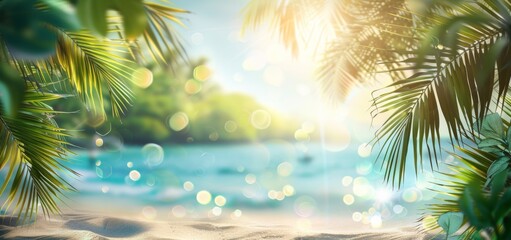 Fototapeta na wymiar Beautiful blurred background of a sandy tropical beach and sea with palm leaves on a sunny summer day