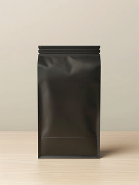 Black matte food bag mockup on wooden table 3d rendering