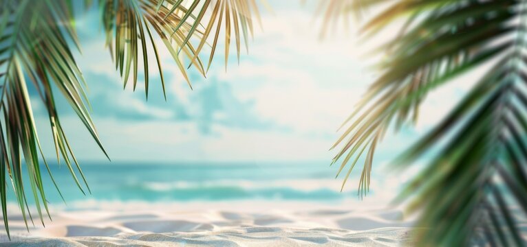 Beautiful blurred background of a sandy tropical beach and sea with palm leaves on a sunny summer day
