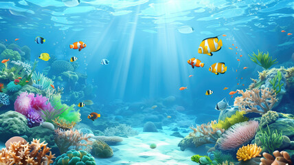 beautiful underwater scenery with various types of fish and coral reefs Generative AI