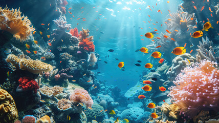 Obraz premium beautiful underwater scenery with various types of fish and coral reefs Generative AI