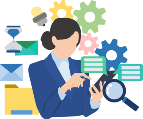 スマホを使って調べものをする女性実業家のイラスト