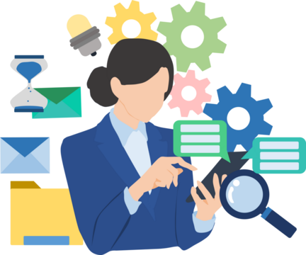 スマホを使って調べものをする女性実業家のイラスト