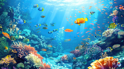Obraz na płótnie Canvas beautiful underwater scenery with various types of fish and coral reefs Generative AI