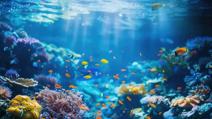 Poster beautiful underwater scenery with various types of fish and coral reefs Generative AI © Pavithiran