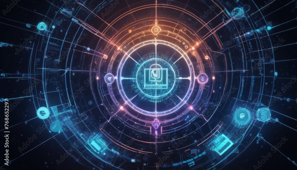 Poster an advanced security interface displayed in a vivid neon blue with a central lock symbol. it symboli