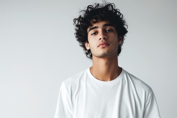 Fototapeta premium Confident Young Man With Curly Black Hair in White Shirt