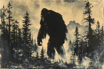 Black and white drawing of Bigfoot walking through the forest - obrazy, fototapety, plakaty