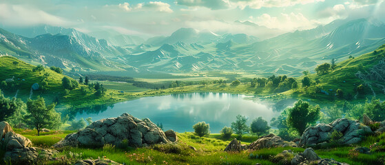 Alpine Serenity: A Panorama of Peace Amidst Mountains, Where Natures Majesty Reigns Supreme