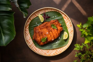 Juicy schnitzel on a palm leaf plate against a painted brick background