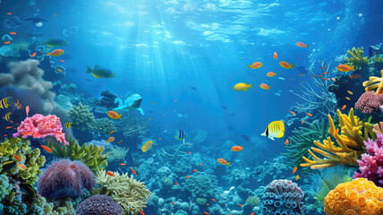 beautiful underwater scenery with various types of fish and coral reefs Generative AI - obrazy, fototapety, plakaty