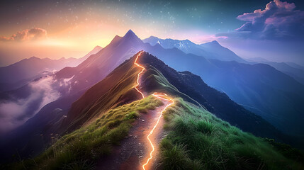 Abstract path leading to mountain top in success reaching goals concept background