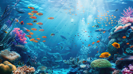 beautiful underwater scenery with various types of fish and coral reefs Generative AI