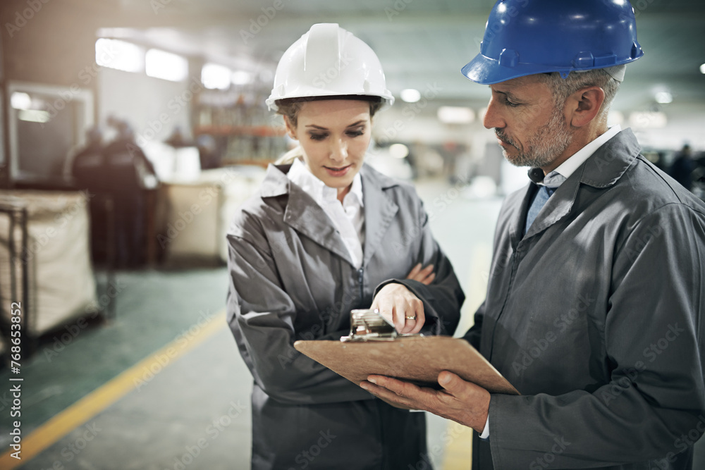 Poster man, woman and checklist with clipboard in factory for quality inspection or safety checks and proce