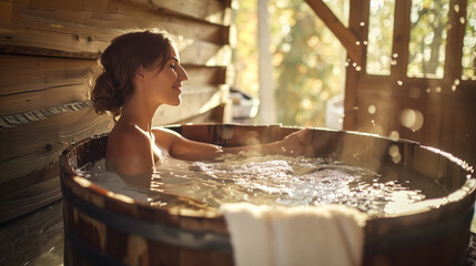 woman relaxing in wooden hot tub - 768654025