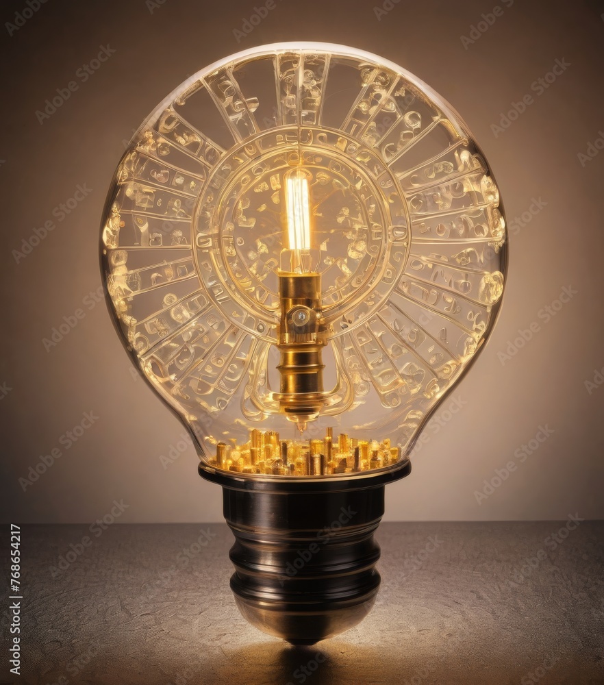 Poster a unique lightbulb infused with a golden gear mechanism illuminates a subtle background. the image m