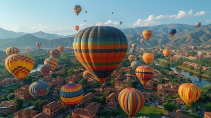 A meadow during a hot air balloon festival, colorful balloons dotting the sky above the green expanse. 