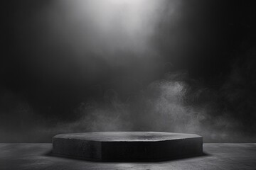 Black stone podium for luxury product placement. Rock granite pedestal stage background. Natural material scene. Minimal luxury aesthetic - obrazy, fototapety, plakaty