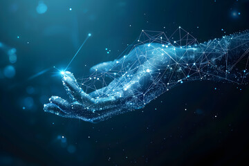 Digital composite of a glowing hand with a network connection design on a dark blue background. Futuristic technology and innovation concept. Design for presentations, digital technology themes