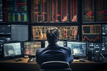 A confident stockbroker watching the market on multiple screens, making strategic decisions - obrazy, fototapety, plakaty