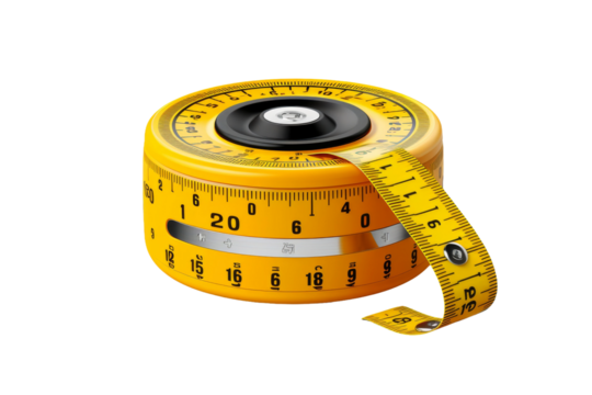 The Golden Rule: A Black-Topped Tape Measure. On a White or Clear Surface PNG Transparent Background.